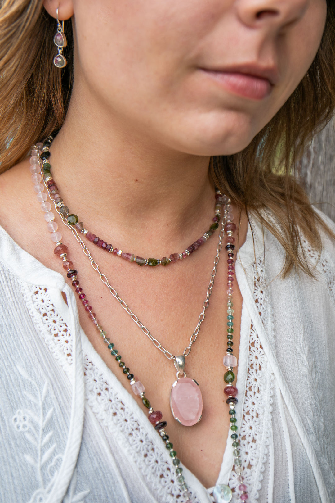 Mixed Watermelon Tourmaline + Thai Hill Tribe Silver Beaded Necklace