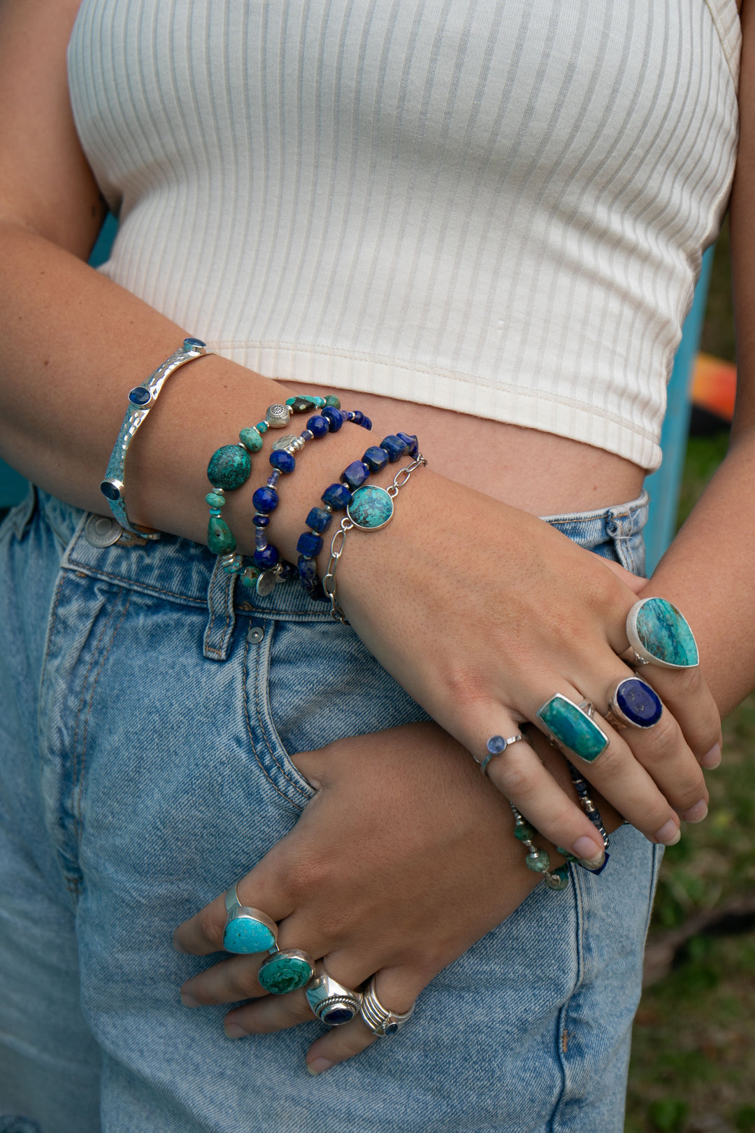 Chunky Natural Turquoise Bracelet with Thai Hill Tribe Silver Beads