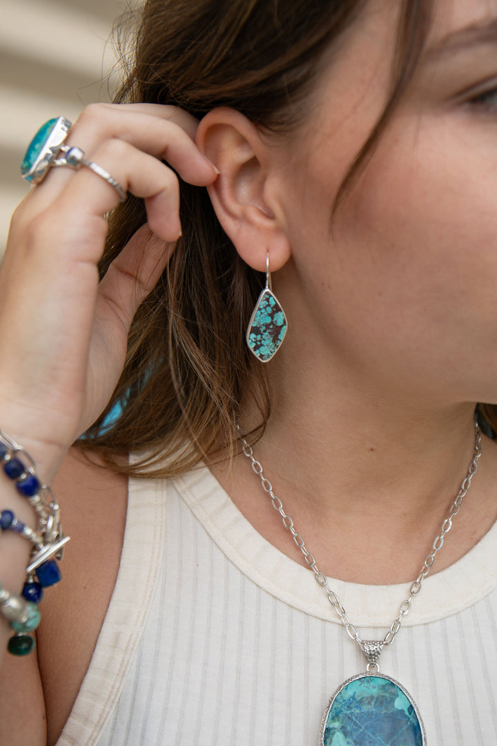 Genuine Turquoise Earrings set in Brushed Sterling Silver