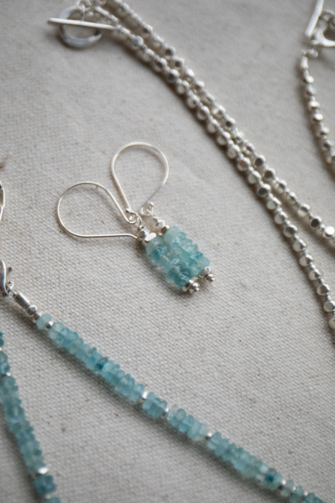 A Grade Stack Aquamarine Earrings with Thai Hill Tribe Silver Beads