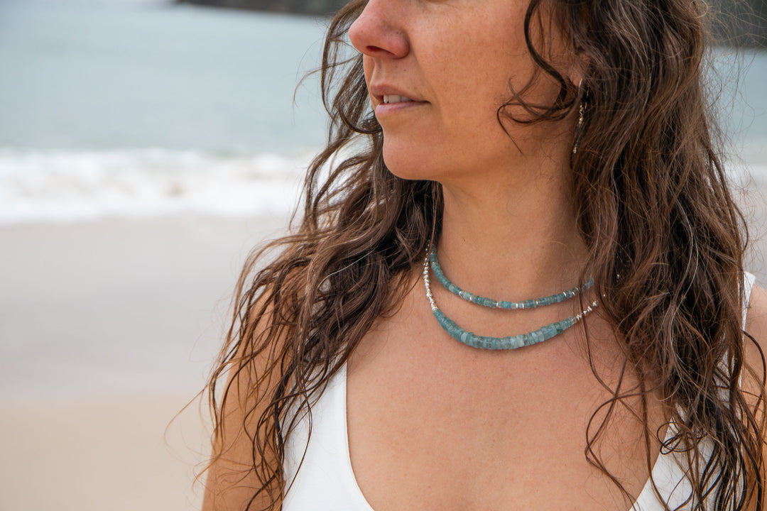 Faceted A Grade Aquamarine Choker Necklace with Thai Hill Tribe Silver Beads