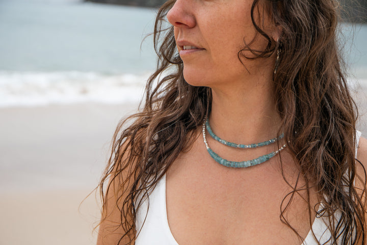 Faceted A Grade Aquamarine Choker Necklace with Thai Hill Tribe Silver Beads