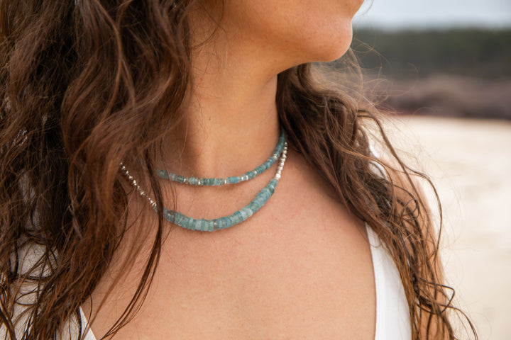 Faceted A Grade Aquamarine Choker Necklace with Thai Hill Tribe Silver Beads