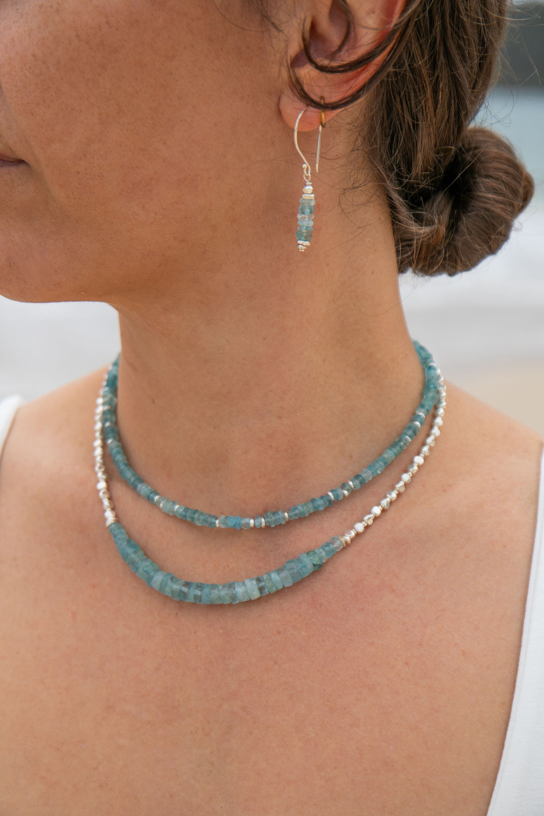 Faceted A Grade Stack Aquamarine Necklace with Thai Hill Tribe Silver Beads