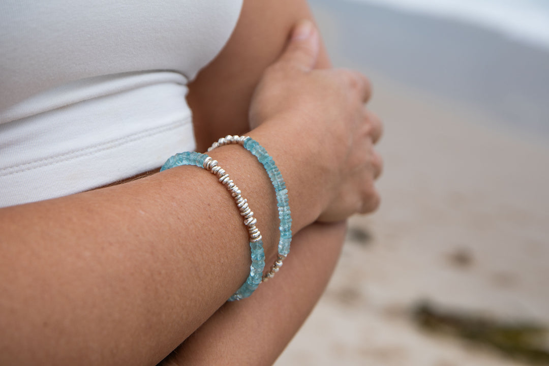 A Grade Stack Aquamarine Bracelet with Thai Hill Tribe Silver Beads