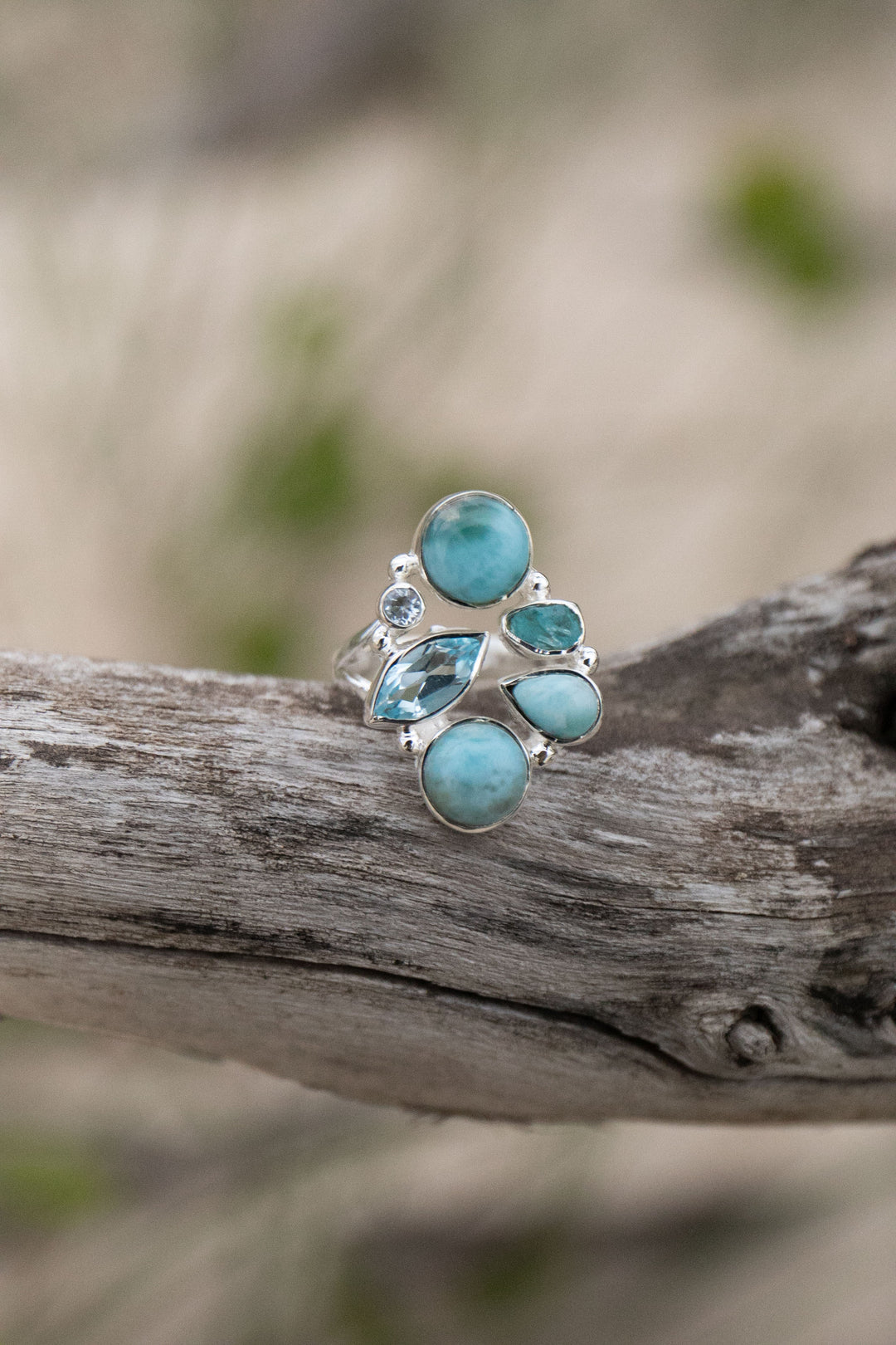 Multi Gemstone Ring with Larimar, Topaz and Raw Apatite in Sterling Silver - Size 8 US