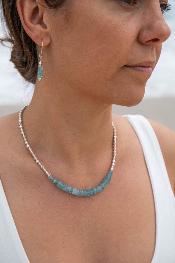 Faceted A Grade Stack Aquamarine Necklace with Thai Hill Tribe Silver Beads