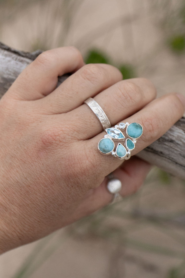 Multi Gemstone Ring with Larimar, Topaz and Raw Apatite in Sterling Silver - Size 8 US