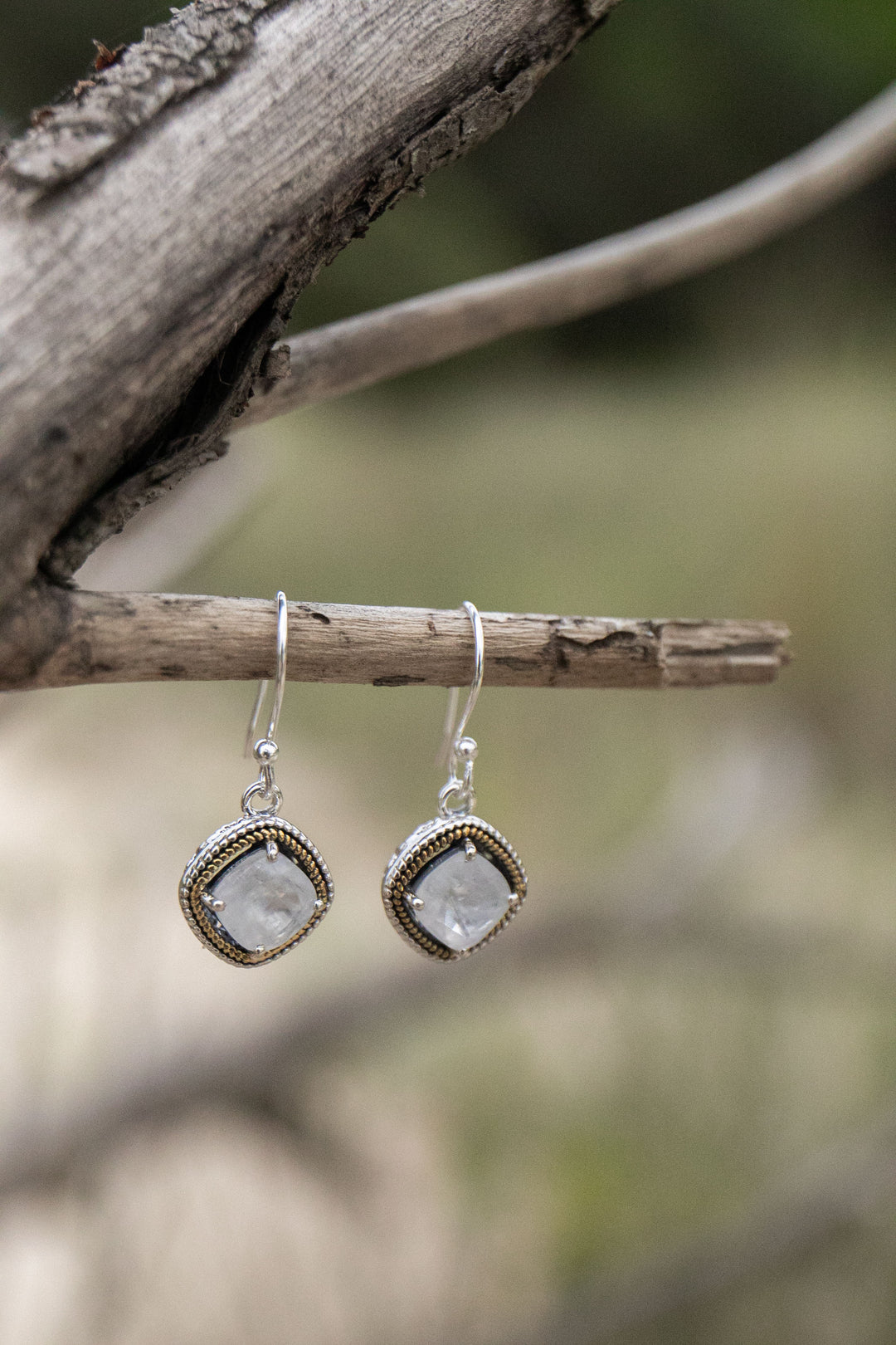 Rainbow Moonstone Earrings in Brass and Sterling Silver Vintage Setting