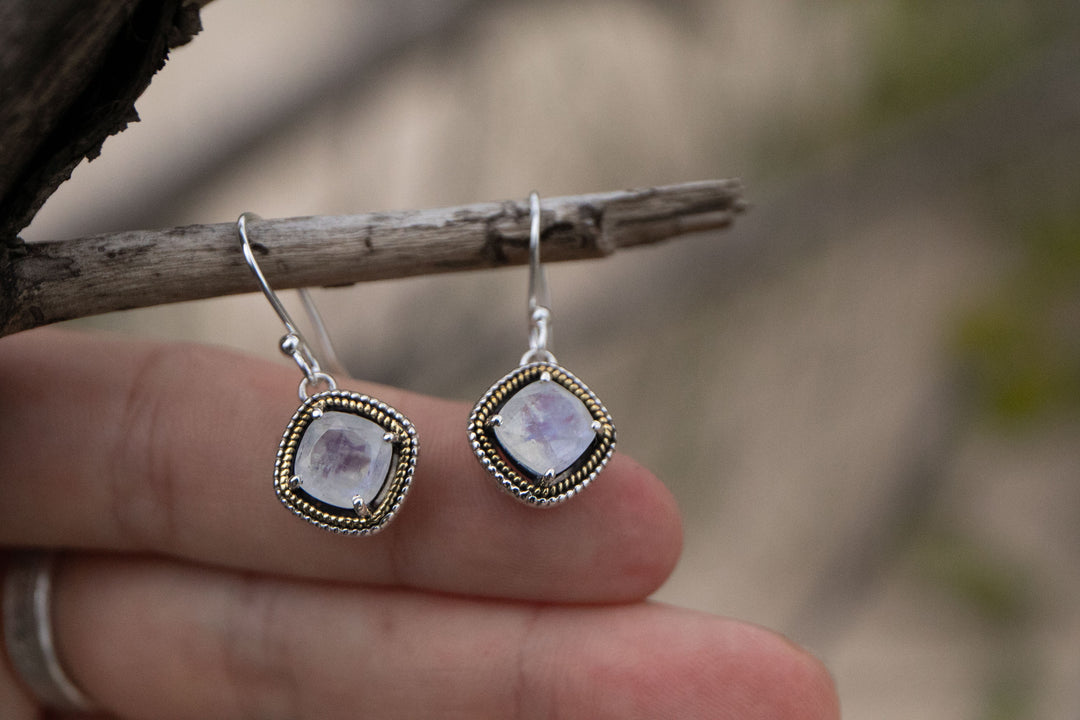 Rainbow Moonstone Earrings in Brass and Sterling Silver Vintage Setting