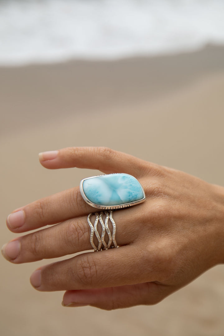 Larimar Ring in Unique Sterling Silver Setting - Size 5.5 US