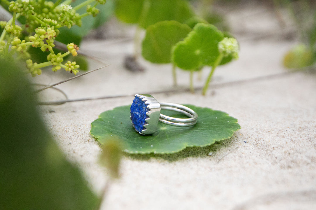 Raw Lapis Lazuli Ring in Unique Sterling Silver Band - Size 9 US