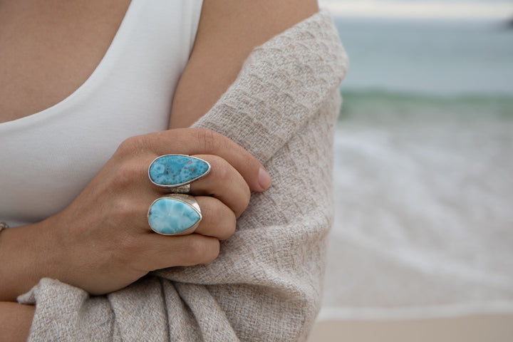 Larimar or Pectolite Ring set in Hammered Sterling Silver with Adjustable Band