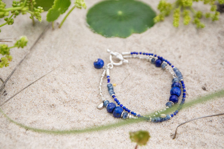 Lapis Lazuli and Kyanite Double Bracelet with Thai Hill Tribe Silver and Crescent Moons