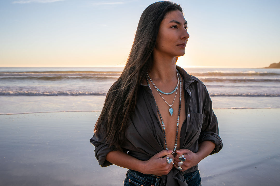 Labradorite, Larimar, Rainbow Moonstone + Thai Hill Tribe Silver Mala Necklace with OM Pendant
