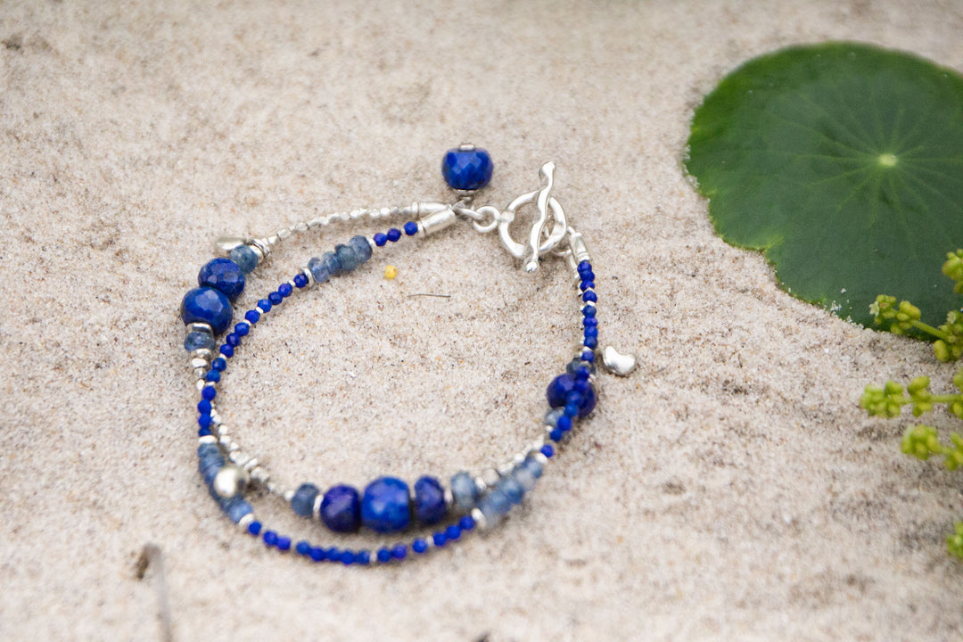 Lapis Lazuli and Kyanite Double Bracelet with Thai Hill Tribe Silver and Crescent Moons