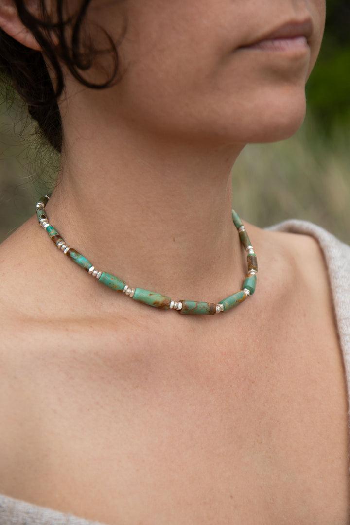 Chunky Natural Turquoise Necklace with Thai Hill Tribe Silver