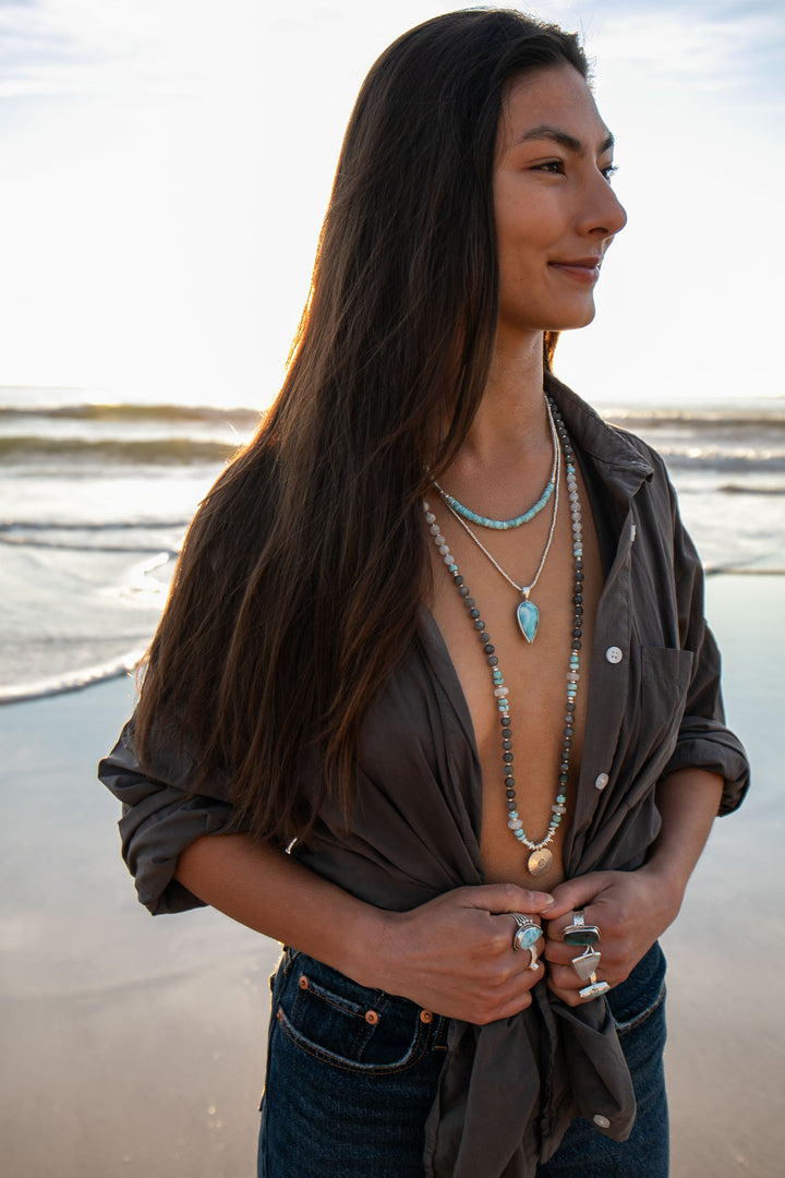 Labradorite, Larimar, Rainbow Moonstone + Thai Hill Tribe Silver Mala Necklace with OM Pendant