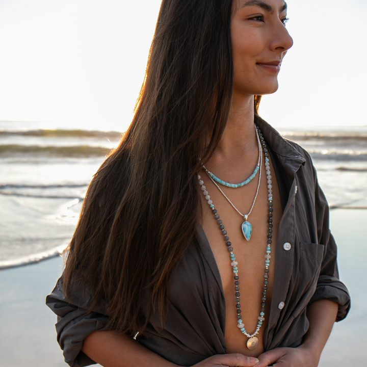 Labradorite, Larimar, Rainbow Moonstone + Thai Hill Tribe Silver Mala Necklace with OM Pendant