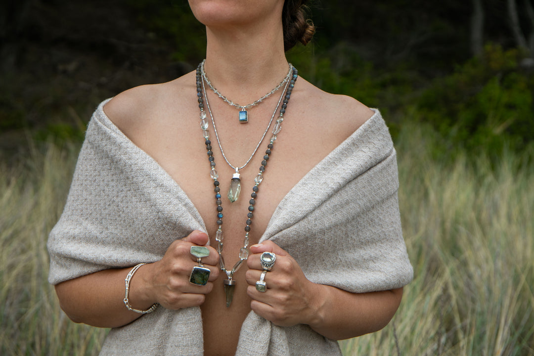 Raw Green Amethyst or Prasiolite Pendant in Beaten Sterling Silver