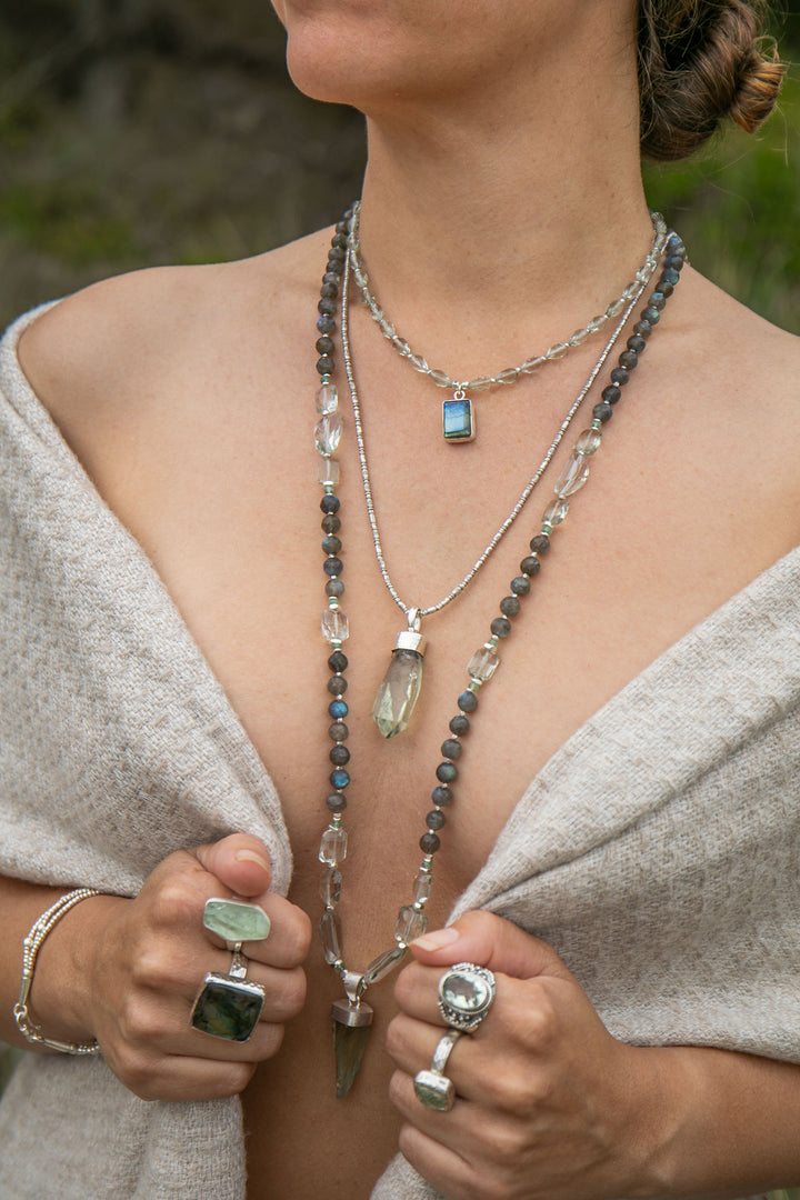 Statement Labradorite, Green Kyanite and Raw + Faceted Green Amethyst Long Necklace