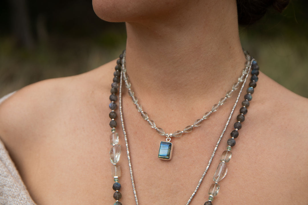 Statement Labradorite, Green Kyanite and Raw + Faceted Green Amethyst Long Necklace