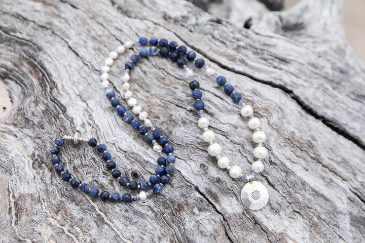 Sodalite, Freshwater Pearl, Tanzanite + Thai Hill Tribe Silver Mala Necklace with Lotus Pendant