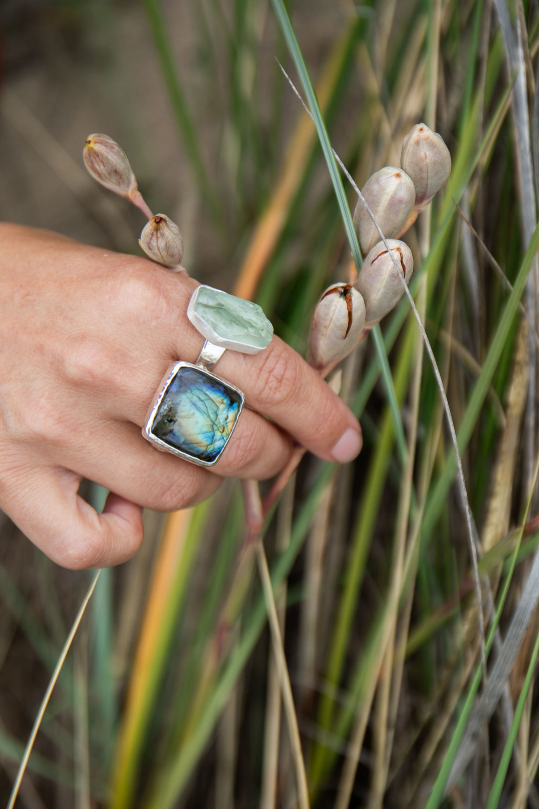 High Grade Labradorite Ring in Braided Sterling Silver Setting - Size 7.5 US