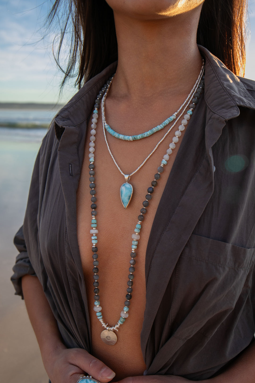 Labradorite, Larimar, Rainbow Moonstone + Thai Hill Tribe Silver Mala Necklace with OM Pendant