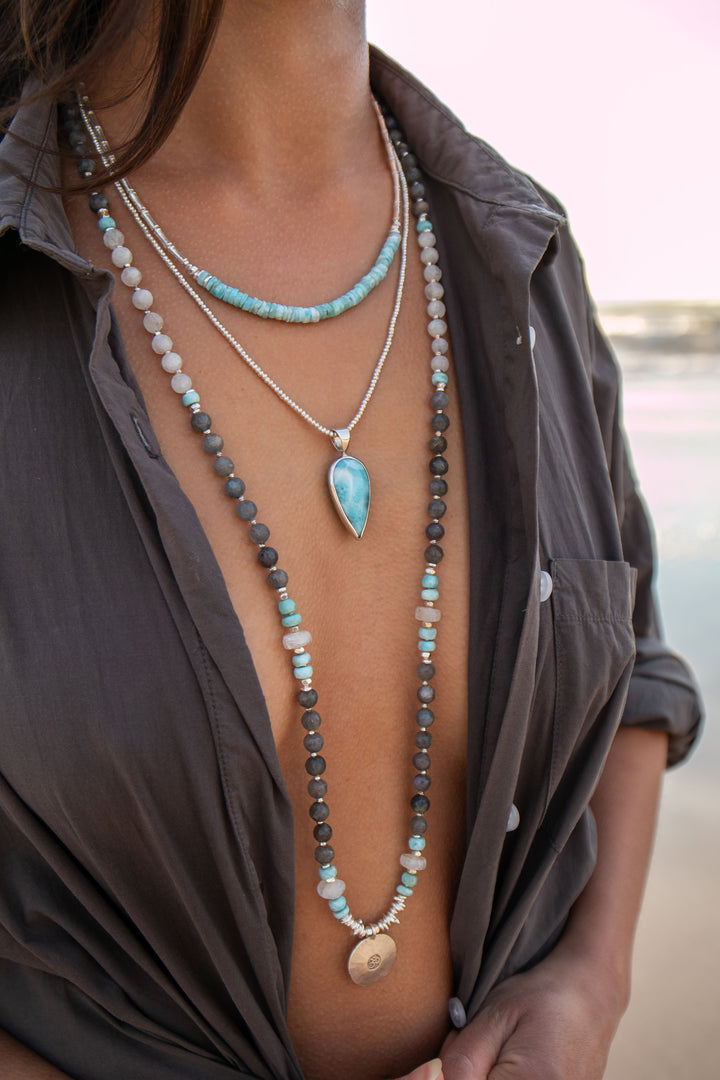 Labradorite, Larimar, Rainbow Moonstone + Thai Hill Tribe Silver Mala Necklace with OM Pendant