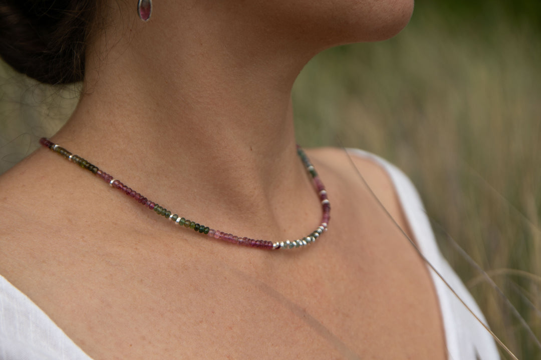 High Quality Graduated Watermelon Tourmaline + Thai Hill Tribe Silver Beaded Necklace