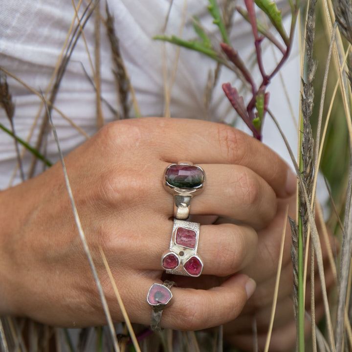 Rose Cut Bi-colour Tourmaline Ring in Sterling Silver Setting - Size 8 US