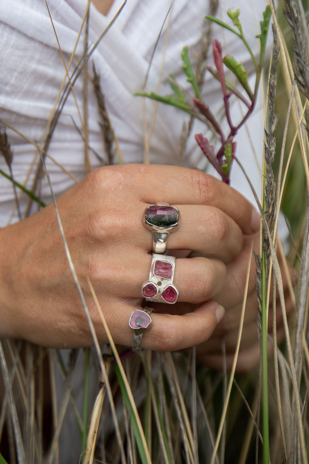 Multi Raw Pink Tourmaline Ring set in Sterling Silver- Size 6.5 US