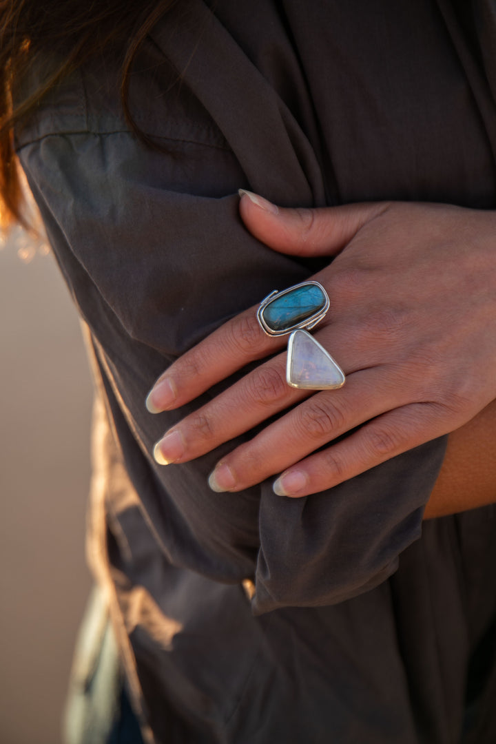 Rainbow Moonstone Ring in Sterling Silver Setting - Size 9.5 US