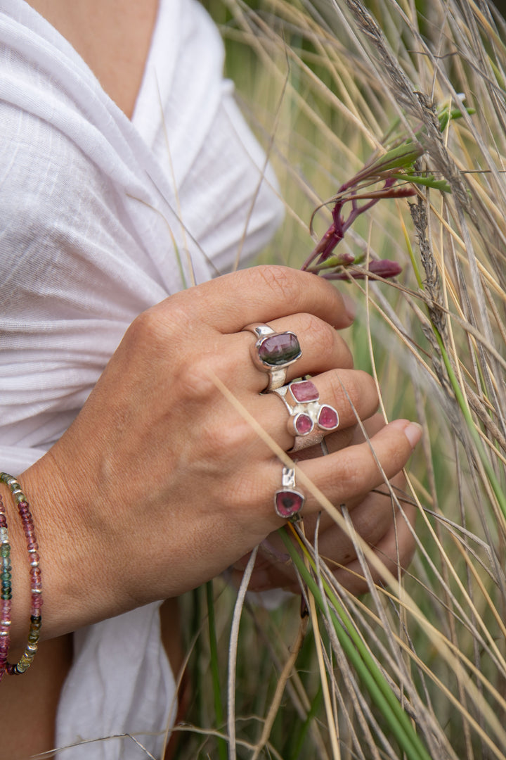 Multi Raw Pink Tourmaline Ring set in Sterling Silver- Size 6.5 US