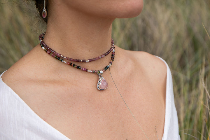 Watermelon Tourmaline + Thai Hill Tribe Silver Choker Necklace with Rose Quartz Pendant