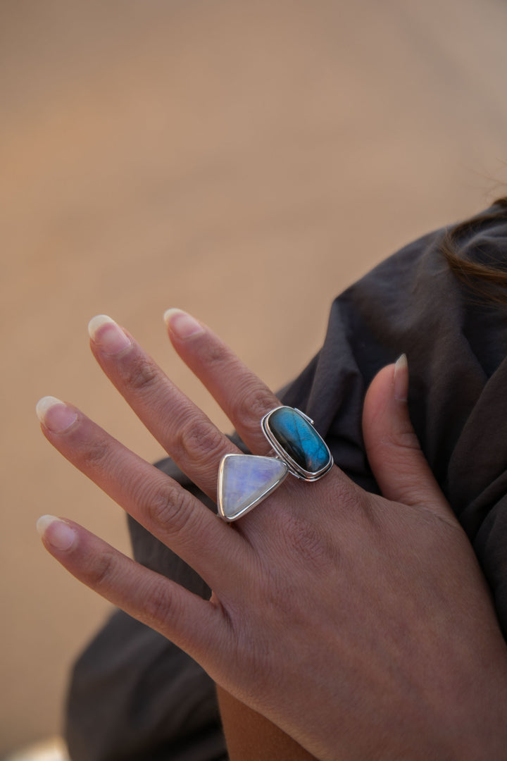 Rainbow Moonstone Ring in Sterling Silver Setting - Size 9.5 US