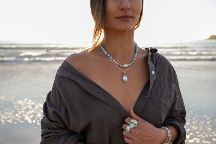 Pearl, Larimar and Aquamarine Necklace with Thai Hill Tribe Silver