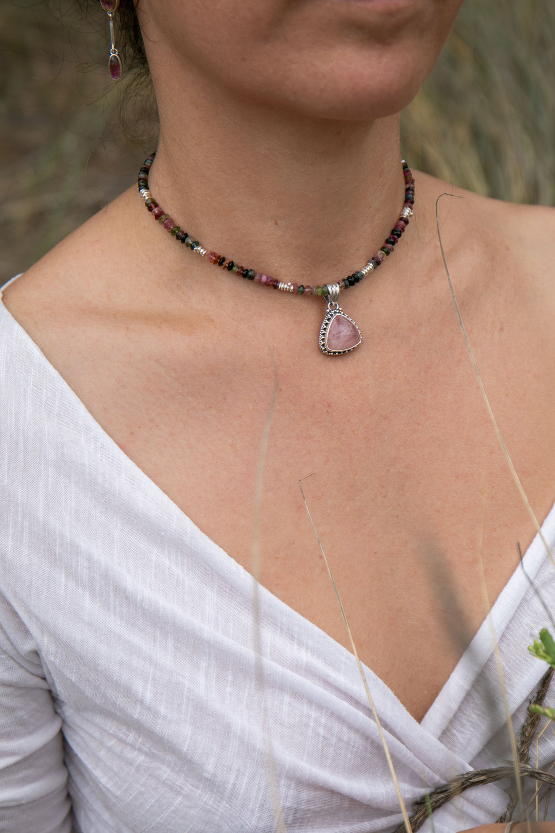 Watermelon Tourmaline + Thai Hill Tribe Silver Choker Necklace with Rose Quartz Pendant