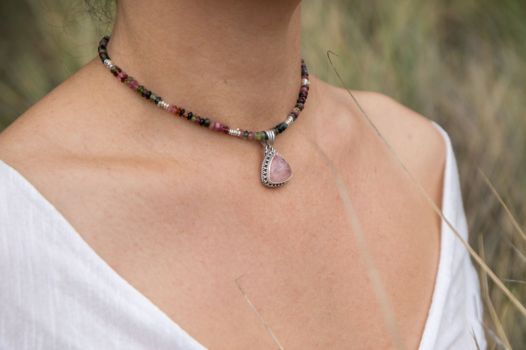 Watermelon Tourmaline + Thai Hill Tribe Silver Choker Necklace with Rose Quartz Pendant