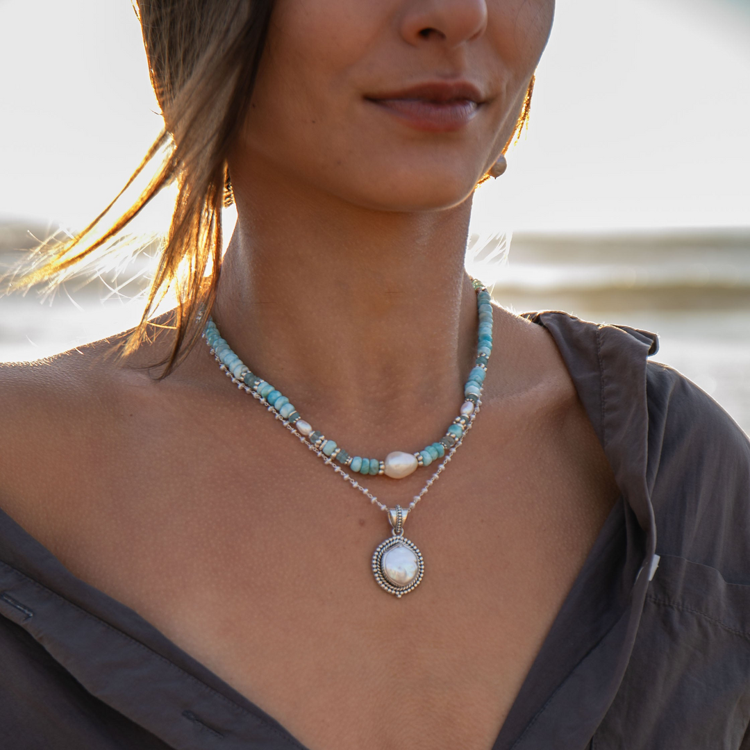 Pearl, Larimar and Aquamarine Necklace with Thai Hill Tribe Silver