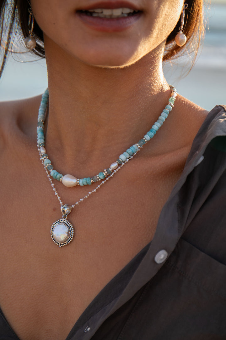 Pearl, Larimar and Aquamarine Necklace with Thai Hill Tribe Silver