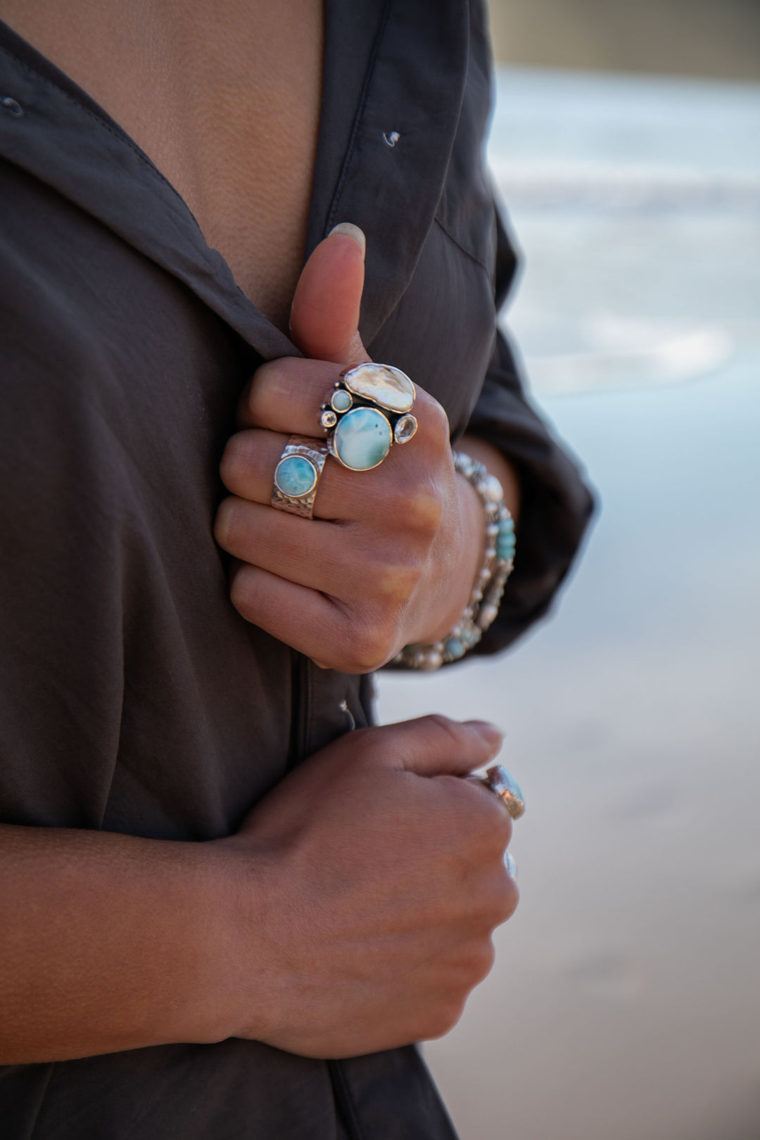 Larimar, Topaz & Freshwater Pearl Ring in Sterling Silver - Size 9 US