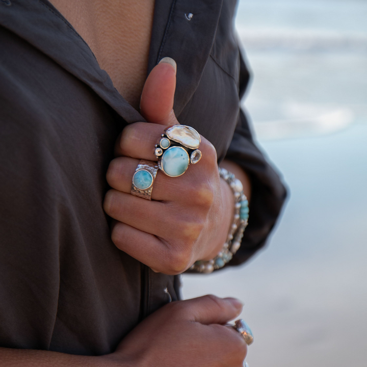 Larimar, Topaz & Freshwater Pearl Ring in Sterling Silver - Size 9 US