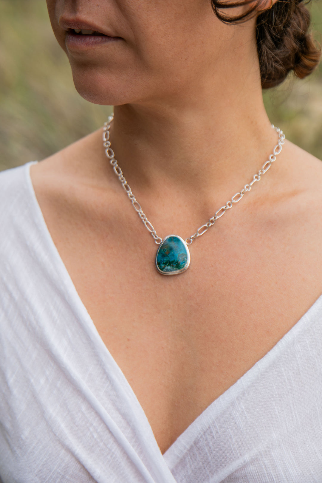 Chrysocolla Pendant in Bezel Sterling Silver on Link Chain