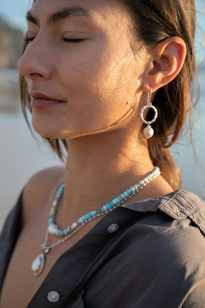 Pearl, Larimar and Aquamarine Necklace with Thai Hill Tribe Silver