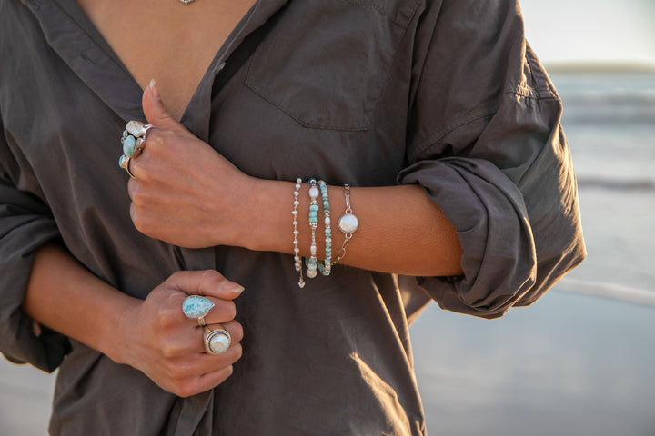 Double Beaded Larimar, Aquamarine and Freshwater Pearl Bracelet with Thai Hill Tribe Silver