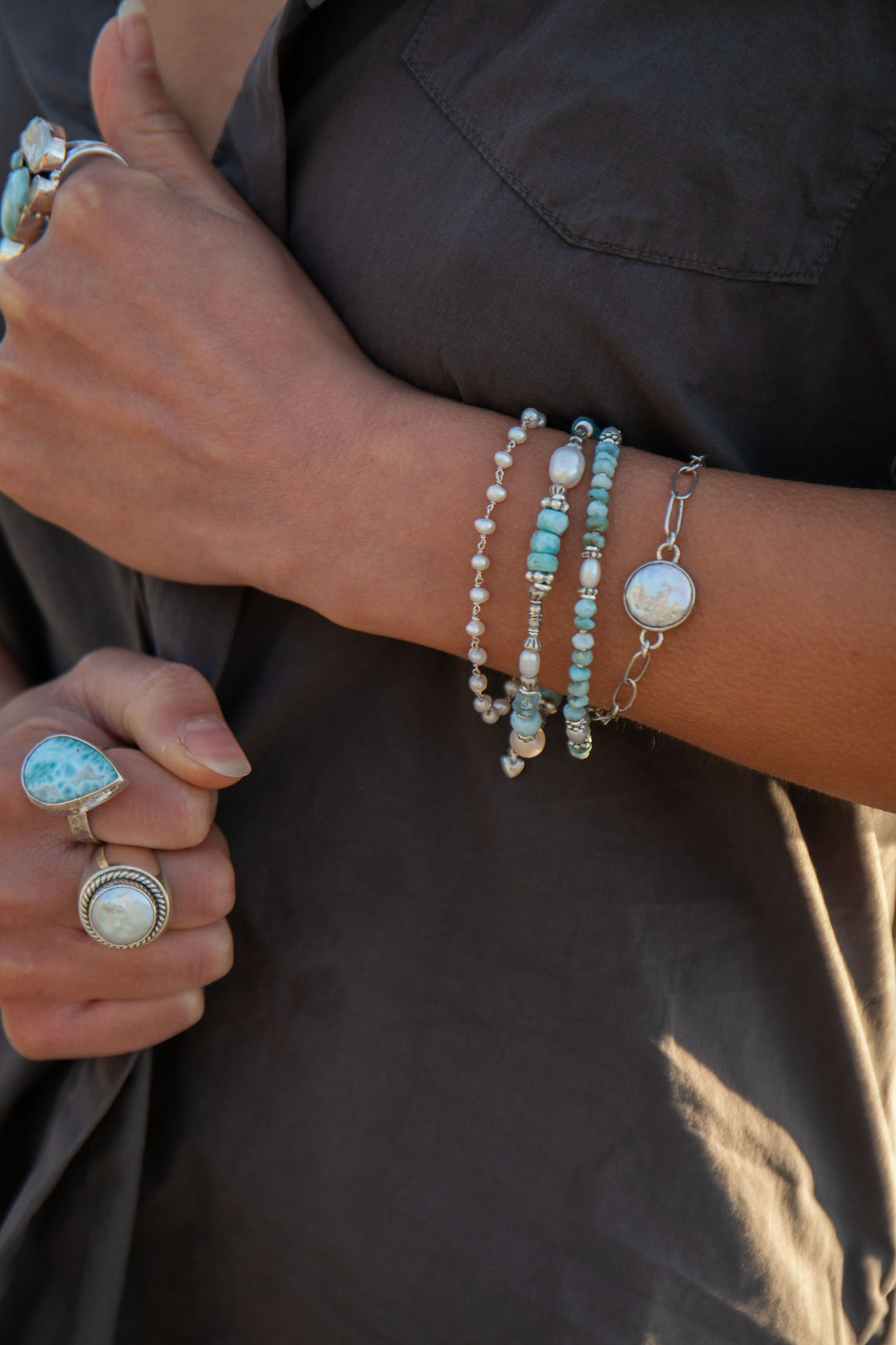 Double Beaded Larimar, Aquamarine and Freshwater Pearl Bracelet with Thai Hill Tribe Silver