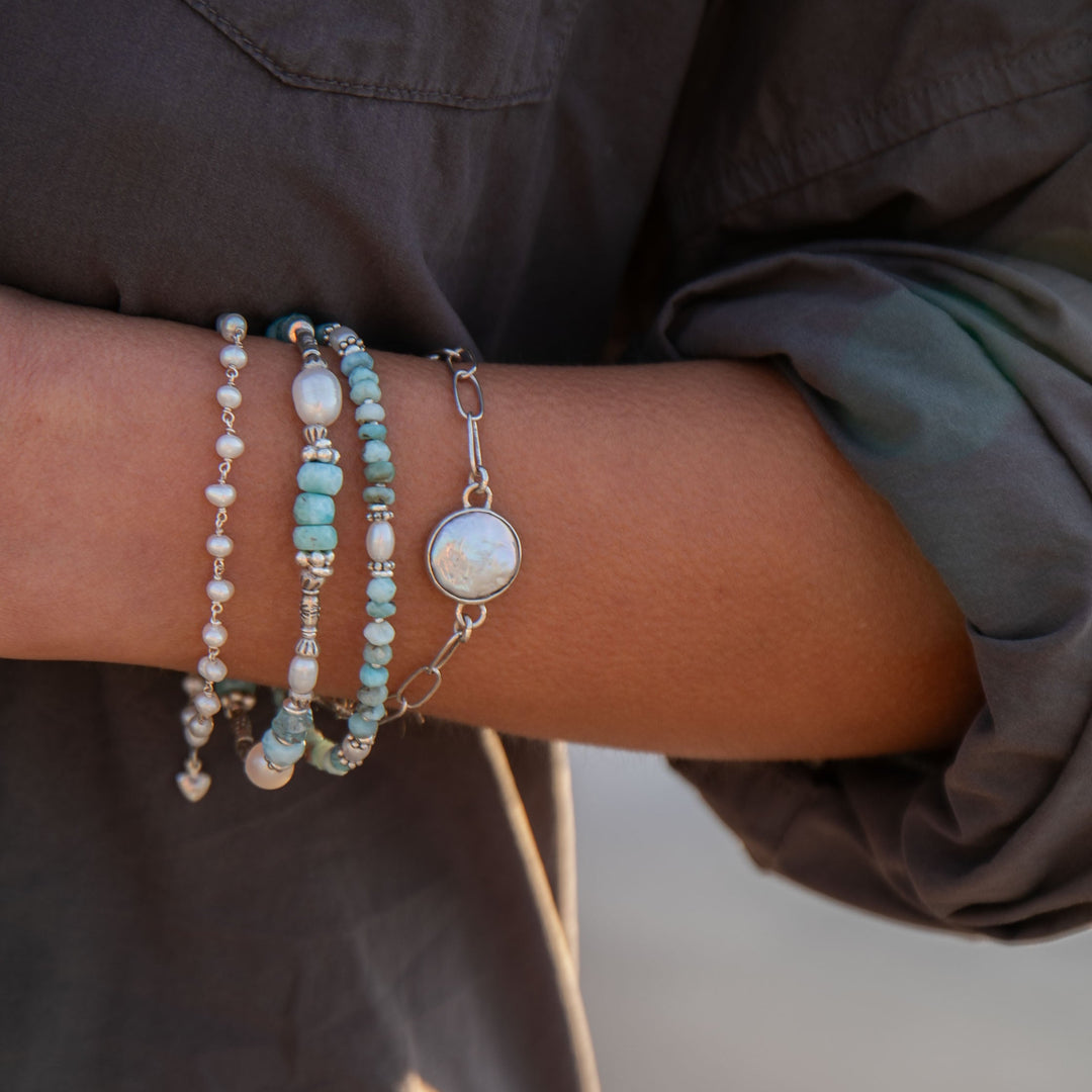 Double Beaded Larimar, Aquamarine and Freshwater Pearl Bracelet with Thai Hill Tribe Silver