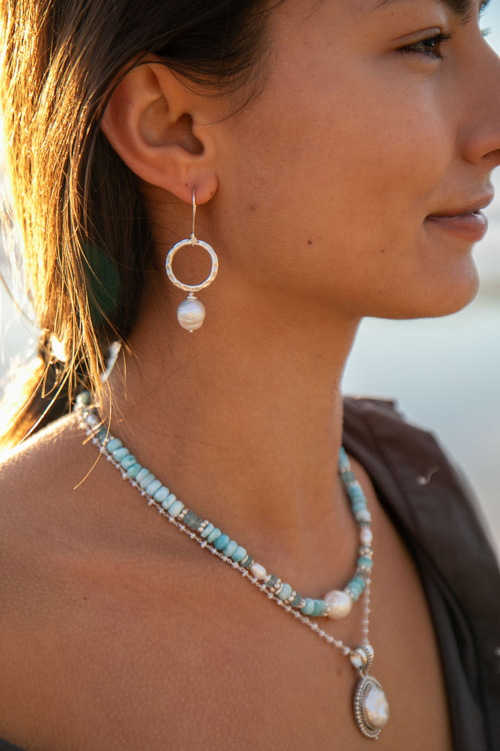 Freshwater Pearl Earrings with Beaten Circle Thai Hill Tribe Silver